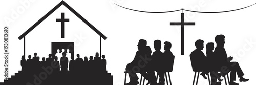 Christian worship silhouette vector illustration showing church congregation and outdoor ceremony with cross, symbolizing faith, religion, spirituality, and community gathering for design projects.