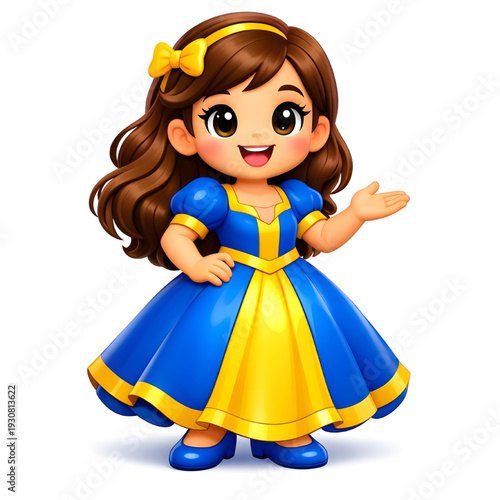 Cute cartoon girl in blue and yellow dress with yellow bow smiling and waving