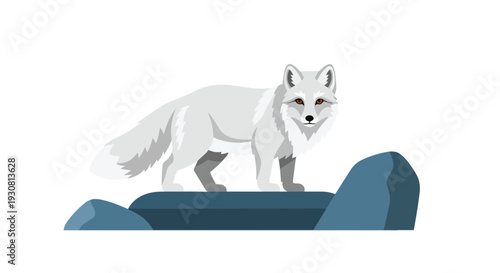 Stylized Arctic Fox with a Fluffy Tail Standing on Blue Rocks in a Flat Design Illustration