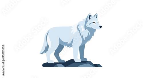 Stylized illustration of a majestic arctic wolf standing alertly on a rocky outcrop against a clean white background