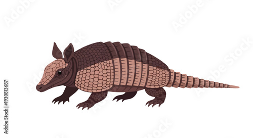 A meticulously detailed illustration of a solitary armadillo with its distinctive armored shell and segmented tail against a pure white background