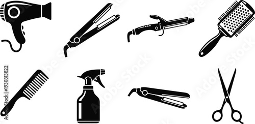 Hair salon tools icons vector illustration set, black silhouette hairdryer scissors comb curling iron and styling equipment isolated on white background