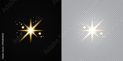 Glowing Golden Star Light Effect with Sparkle Rays and Lens Flare Illumination on Transparent Background