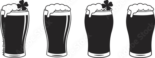 Beer glass vector illustration with foam and shamrock decoration, symbolizing St. Patrick’s Day celebration, festive drinks, Irish tradition, and pub culture for creative projects.