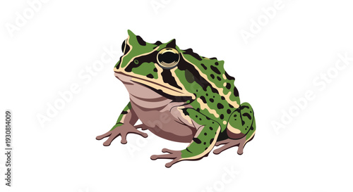 A vibrantly illustrated green and black patterned frog with large bulging eyes poised in a still shot against a clean white background, showcasing