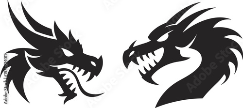 Dragon head silhouette vector illustration featuring fierce mythical creatures with horns and teeth, symbolizing fantasy, power, strength, and legendary design for creative projects.