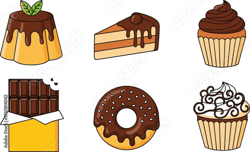 Chocolate Dessert Icon Set with Cake Slice, Cupcake, Donut, Candy Bar, and Sweet Pudding Vector Illustration Collection