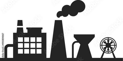Industrial factory silhouette with smokestack and cooling tower, power plant energy production concept, black icon illustration isolated on gray background for industry design