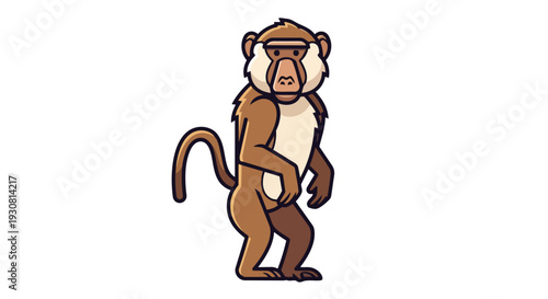 A charming, cartoon-style illustration of a brown baboon with light tan fur around its face and chest standing upright with a white background,
