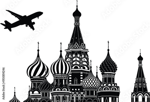 Moscow cathedral skyline with airplane silhouette vector illustration, iconic Russian onion domes architecture, black and white travel landmark design