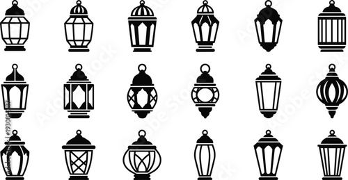 Vintage lantern icon set, black silhouette collection of decorative street lamps isolated on white background, vector illustration design
