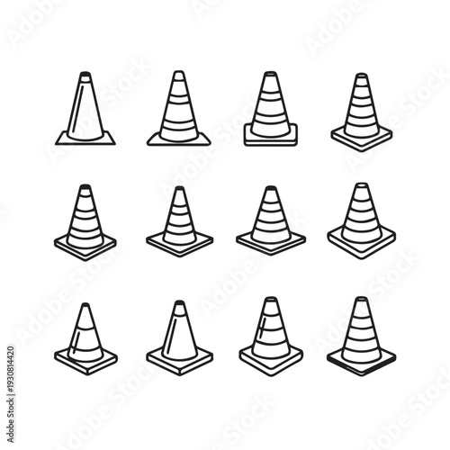 Traffic Cones Collection Outline Icons Set Safety Barriers Roadwork Signals Vector Graphics