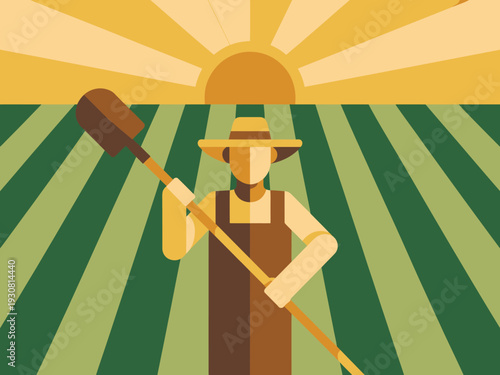 Farmer standing in green field with shovel, sunny day, agricultural landscape