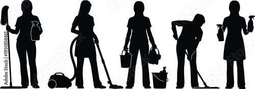 Professional cleaning service workers silhouette set, housekeeping staff with equipment, sanitation maintenance concept, janitorial industry, black vector illustration isolated