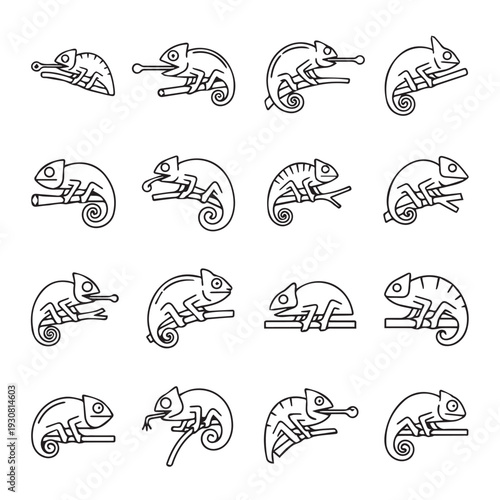 Chameleon Icons Collection Different Poses Branch Clinging Vector Art