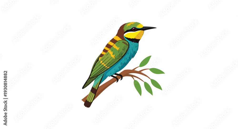 Obraz premium Vibrant Bee-eater Bird Perched Gracefully on a Thin Branch with Minimalist Green Leaves Isolated on White