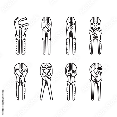 Various Pliers and Grips Tools Collection Line Art Illustration