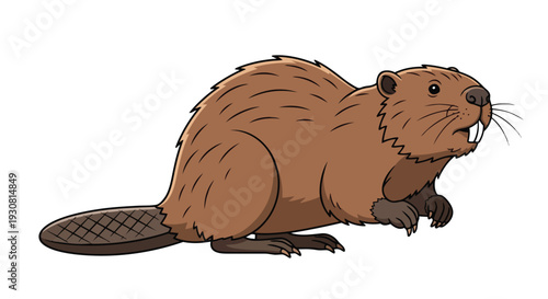 Charming Cartoon Beaver Illustration with Distinctive Flat Tail and Prominent Incisors on a White Background