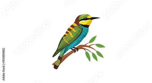 Vibrant Bee-eater Bird Perched Gracefully on a Thin Branch with Minimalist Green Leaves Isolated on White