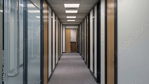 Modern Office Hallway With Closed Doors and Carpet in a Corporate Building Du...