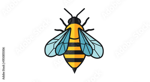 Stylized vector illustration of a cheerful bee with vibrant yellow and black stripes and translucent blue wings against a clean white backdrop