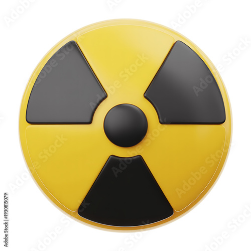 A glossy three dimensional yellow radiation symbol with black markings on transparent background high quality