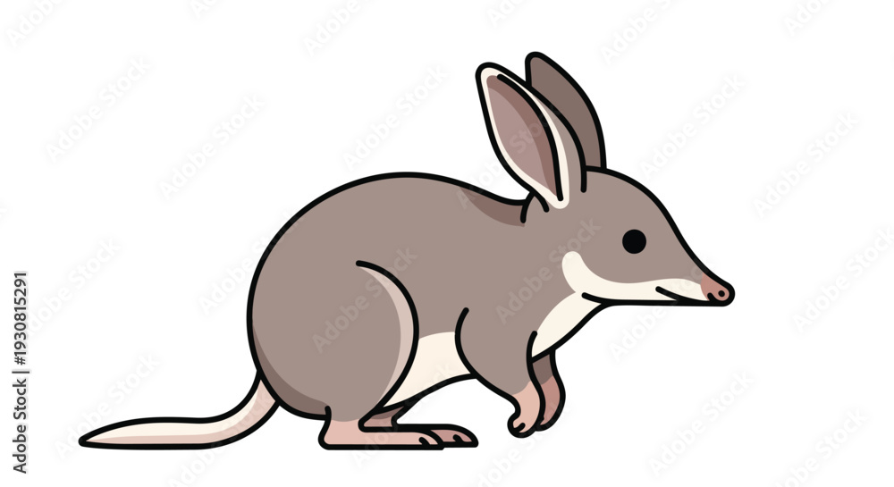 Obraz premium A simple cartoon illustration of a perentie or bilby, a cute Australian marsupial with long ears and a pointed snout, depicted on a white background.
