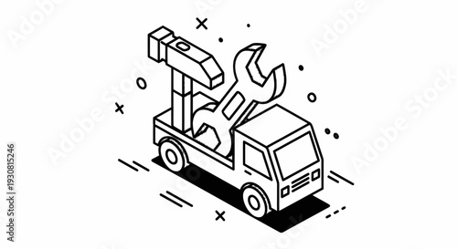 Isometric Tow Truck with Wrench Icon for Repair Service.
