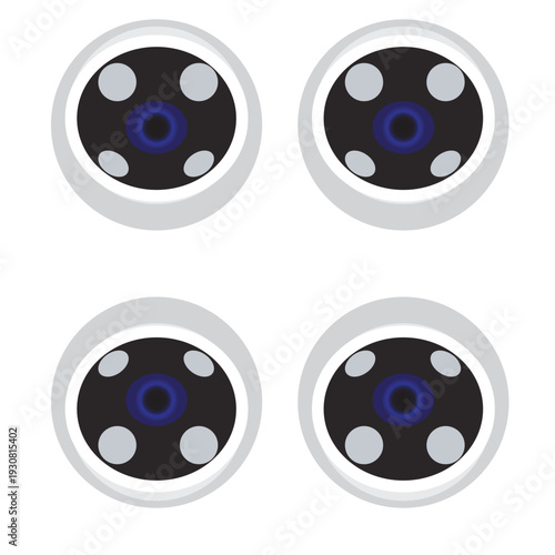 Four circular connectors with black and gray elements on a white background