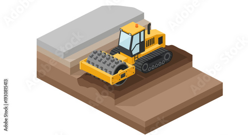 Isometric Vibratory Roller Compacting Soil for Road Construction.