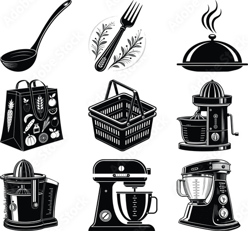 Black and white kitchen appliances and food including mixers juicers and shopping bag kitchenware cooking