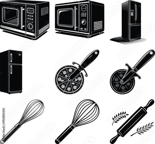 Black and white kitchen appliances and baking tools collection microwave refrigerator pizza cutter whisk