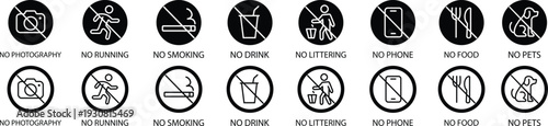 Restriction icons set no photography, no running, no smoking, no drink, no littering, no phone, no food, no pets vector signs for public places, safety symbol collection group