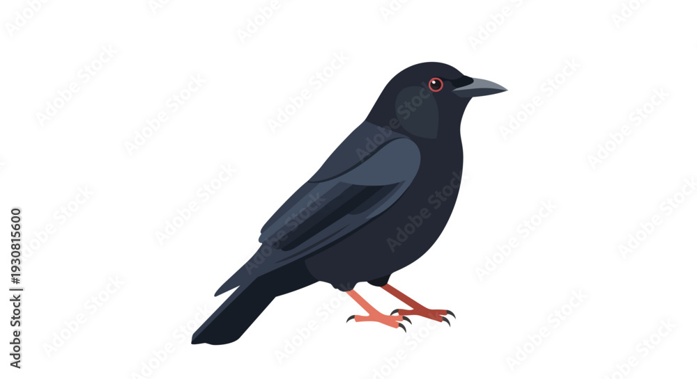 Obraz premium Isolated illustration of a detailed raven perched against a stark white backdrop, showcasing its dark plumage and keen crimson eye