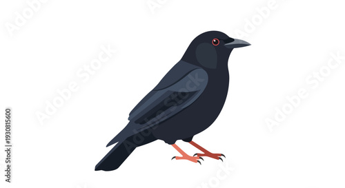 Isolated illustration of a detailed raven perched against a stark white backdrop, showcasing its dark plumage and keen crimson eye