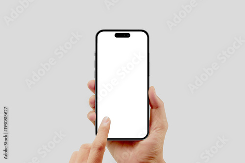 Hand holding smartphone isolated device touching screen