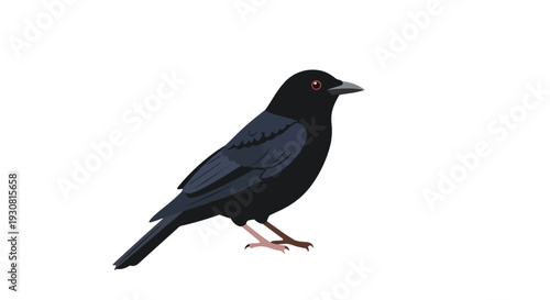 Artistic depiction of a sleek black bird with striking red eyes, isolated on a pure white background