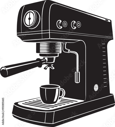 Black and white of a modern espresso machine with a cup coffee maker beverage kitchen appliance hot drink