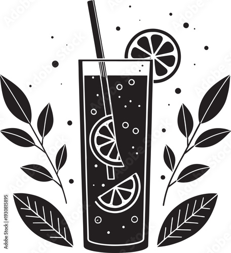 Black and white of a tall glass filled with a bubbly drink and citrus slices beverage