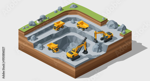 Isometric view of a mining operation with excavators and dump trucks.