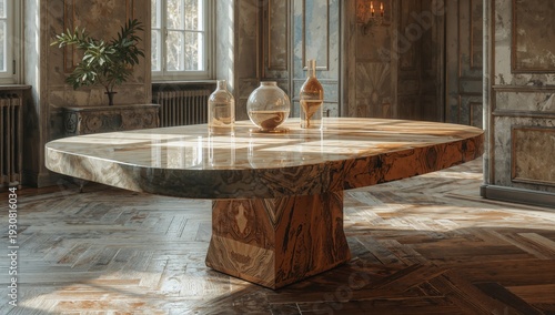 Large Marble Table Stands Alone in an Empty Room With Windows on a Sunny Afte...
