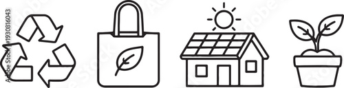 Eco friendly sustainability line art icon set featuring recycling and solar