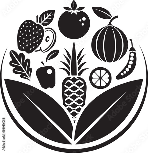 Black and white of assorted fruits and vegetables arranged in a circular pattern strawberry apple tomato