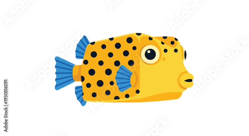 Whimsical yellow boxfish illustration with black spots and blue fins, perfect for aquatic themes and children's content