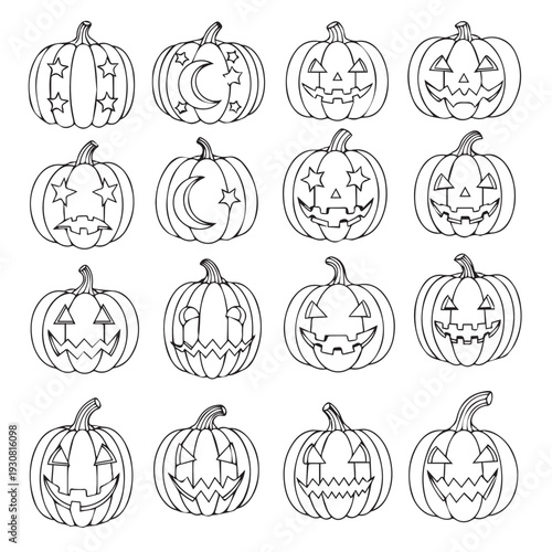 Collection of Halloween pumpkins with carved faces and decorative designs for holiday use