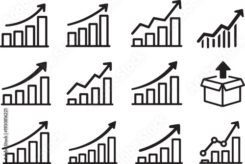Collection of business financial growth chart icons with upward trending arrows
