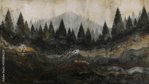 Mountain Scene With Trees and Fog at Dusk