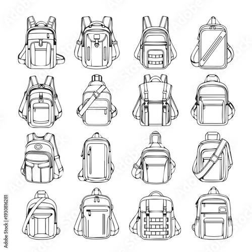 Collection of Backpack Designs Various Styles Vector Line Art Isolated on White