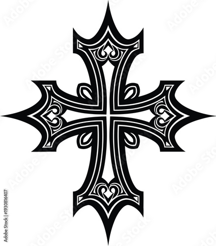 Ornate gothic cross design features intricate patterns and dark religious.