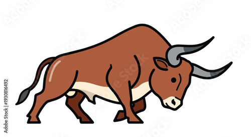 A stylized illustration of a brown bull with formidable horns in a dynamic pose, rendered with bold outlines and a flat color palette suitable for